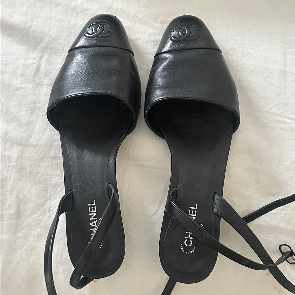 Chanel Black Leather Flats with Logo
